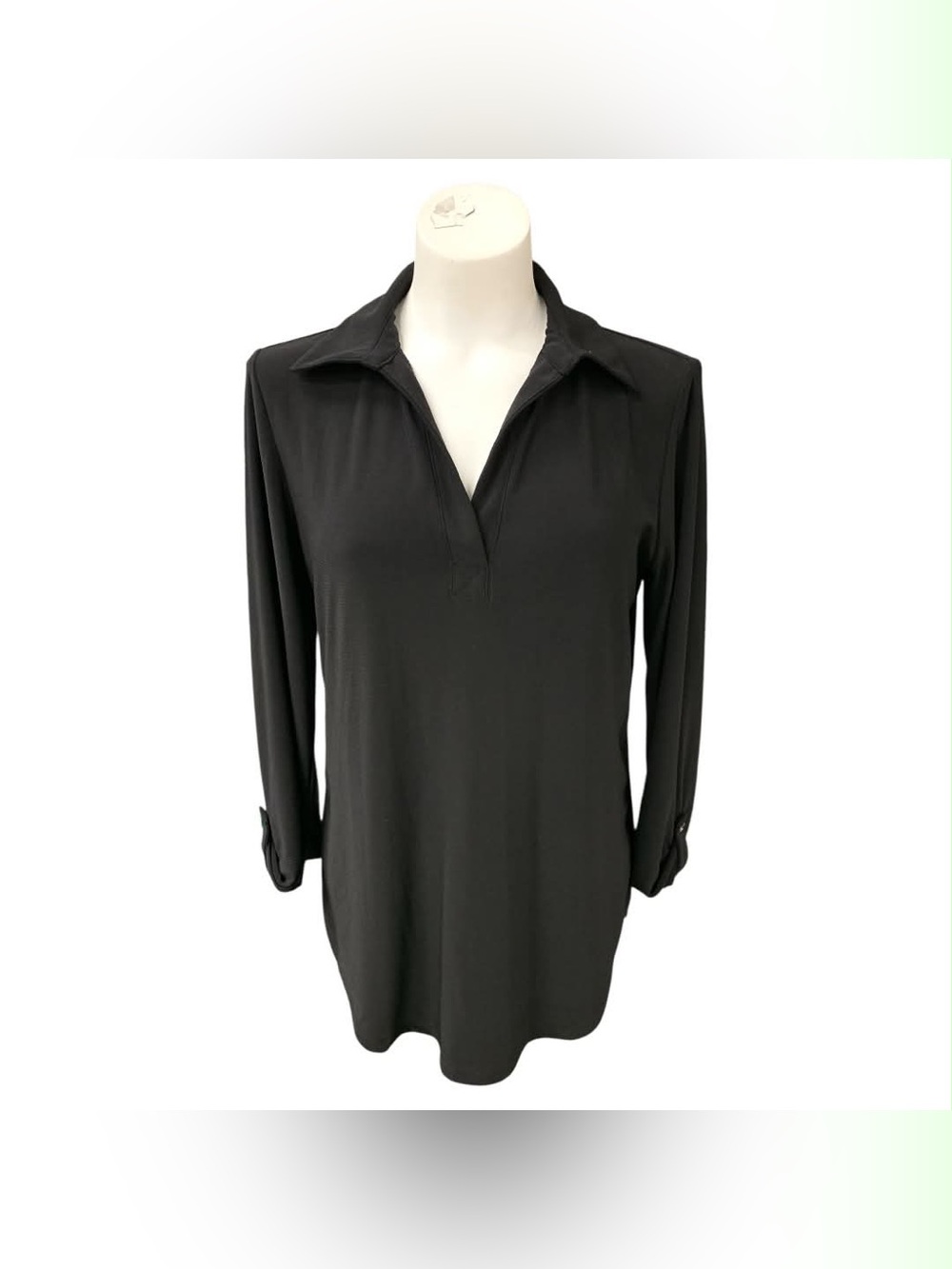 Jones New York Black V-Neck Collared Long Sleeve Tunic Size M